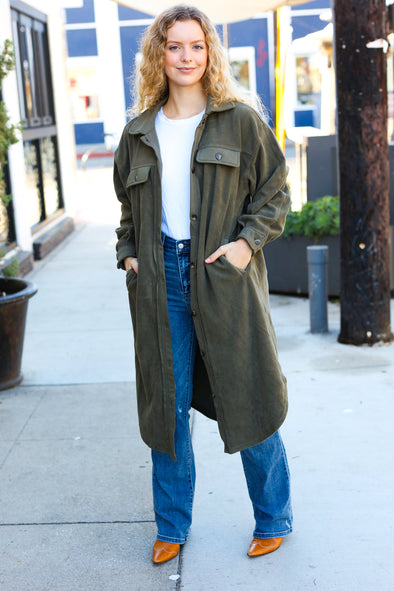 On Your Terms Olive Fleece Button Down Duster Jacket