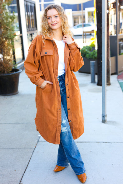 On Your Terms Camel Fleece Button Down Duster Jacket