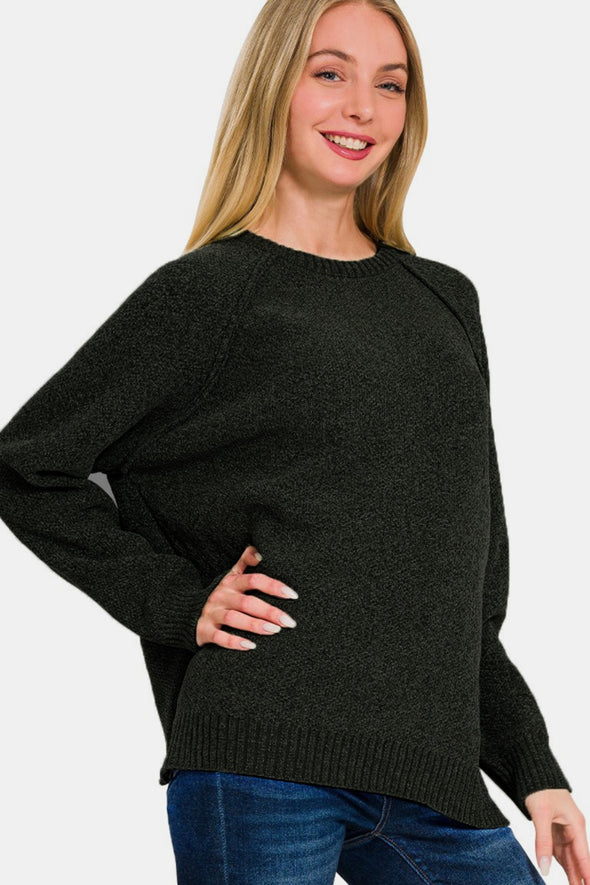 Side Slit Raglan Sleeve Sweater In Black