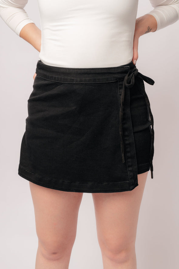 Bentli High Rise Side Tie Denim Skort in Black By Judy Blue