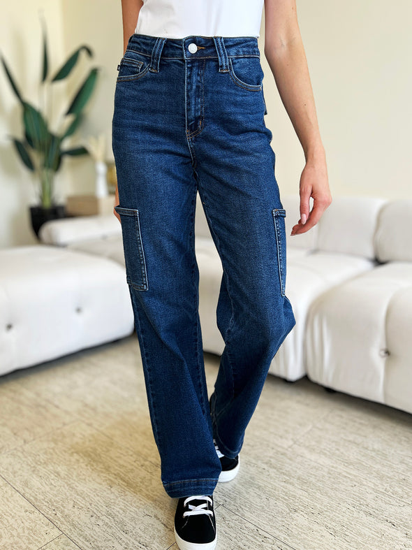 Dark Wash High Waist Straight Cargo Jeans By Judy Blue