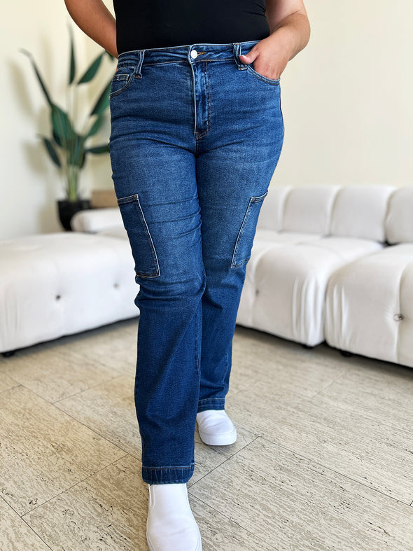 Dark Wash High Waist Straight Cargo Jeans By Judy Blue