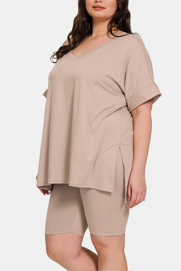 V-Neck Short Sleeve Slit T-Shirt and Shorts Set In Ash Mocha