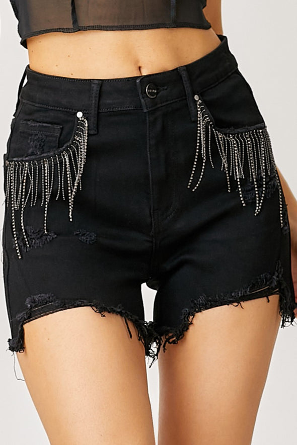 Frayed Hem Denim Shorts with Fringe Detail Pockets By Risen