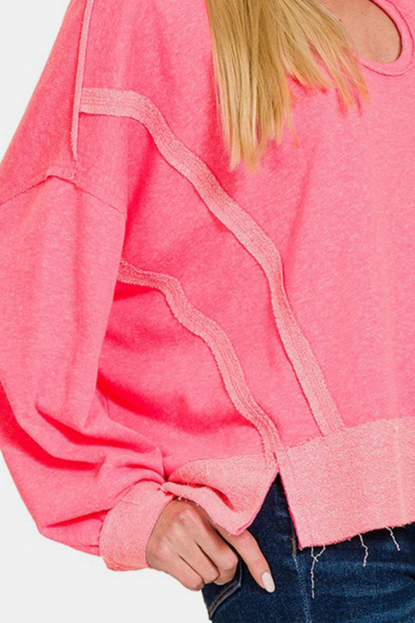 Contrast Trim Slit Hoodie In Pink