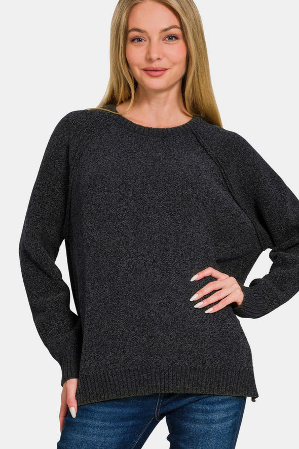 Side Slit Raglan Sleeve Sweater In Black