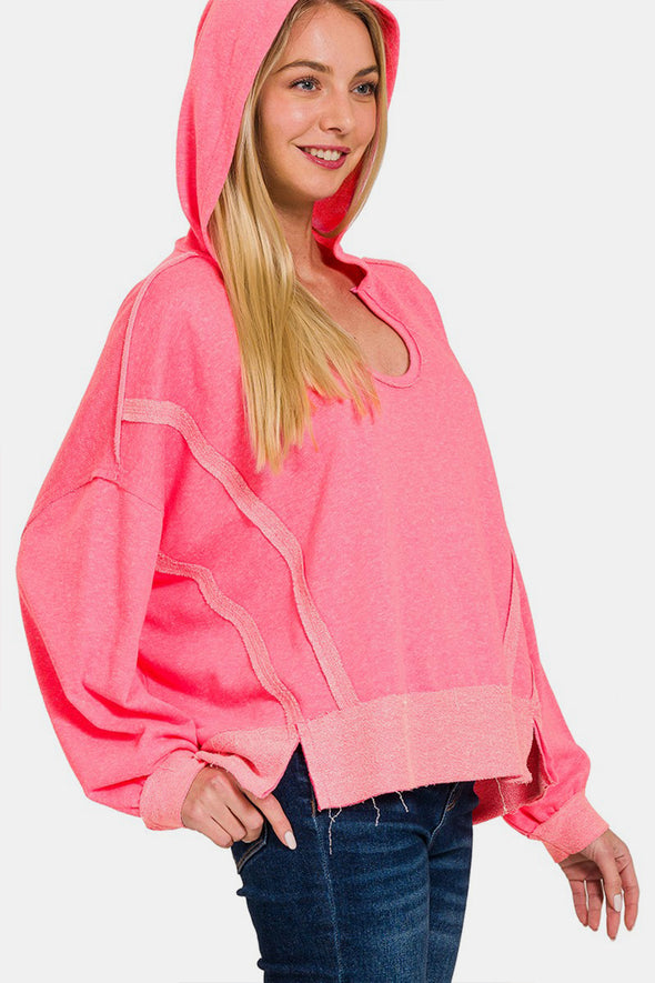 Contrast Trim Slit Hoodie In Pink