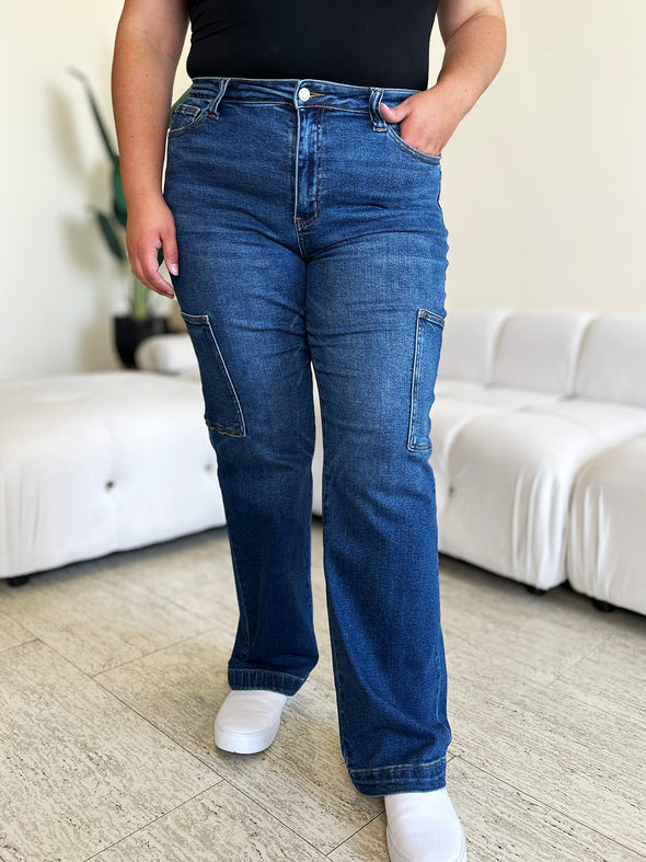 Dark Wash High Waist Straight Cargo Jeans By Judy Blue