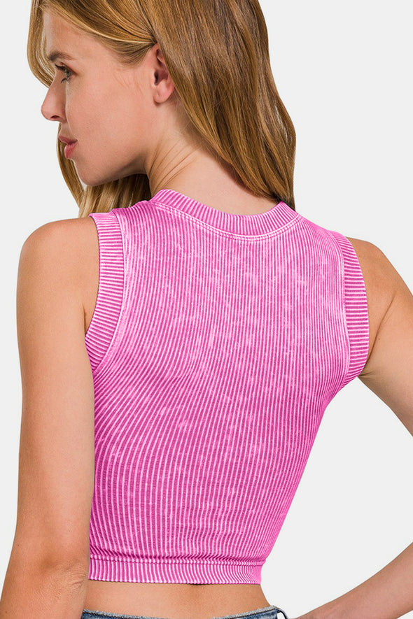 Zenana Washed Ribbed Seamless Crop Tank with Pads