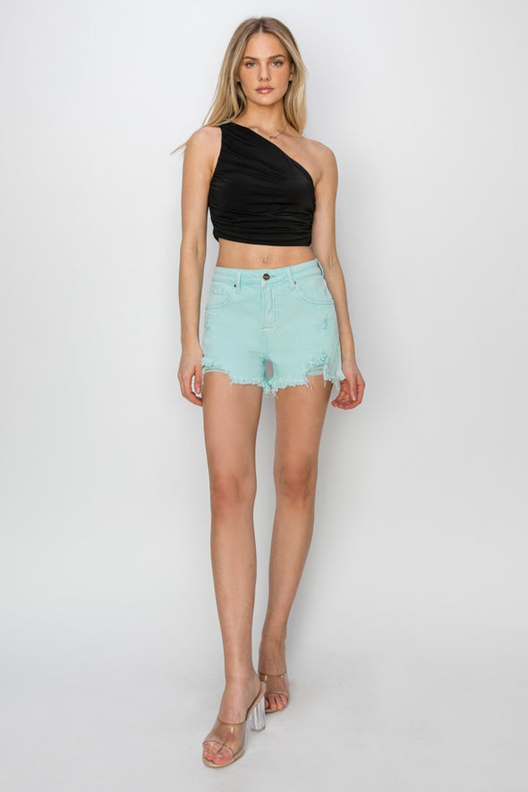 Mid Rise Frayed Hem Denim Shorts In Mint By Risen