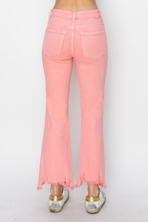 Flamingo Pink Raw Hem Bootcut Jeans with Pockets By Risen