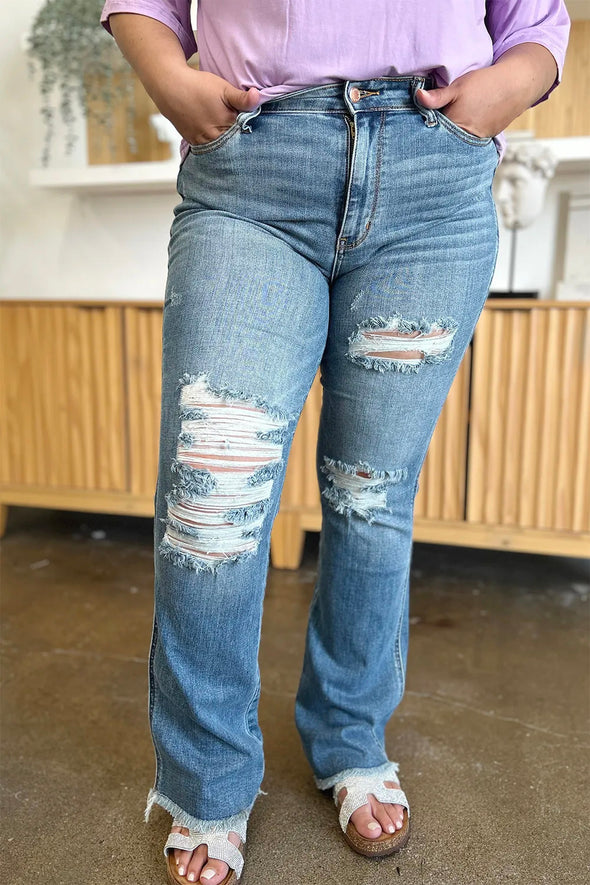 Distressed Raw Hem Bootcut Jeans By Judy Blue