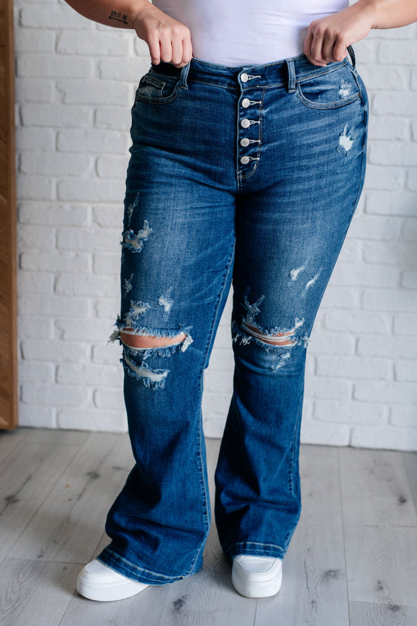 Gabriella Mid Rise Distressed Button Fly Flare Jeans By Judy Blue