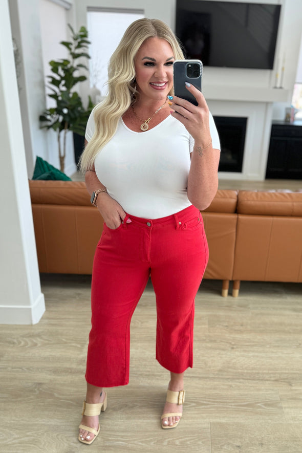 Lisa High Rise Control Top Wide Leg Crop Jeans in Red By Judy Blue