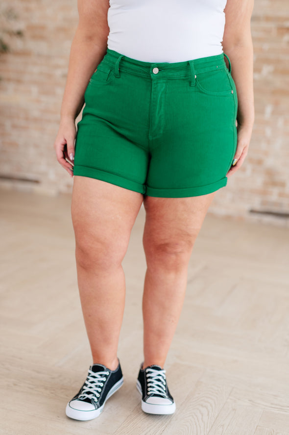 Jenna High Rise Control Top Cuffed Shorts in Green By Judy Blue