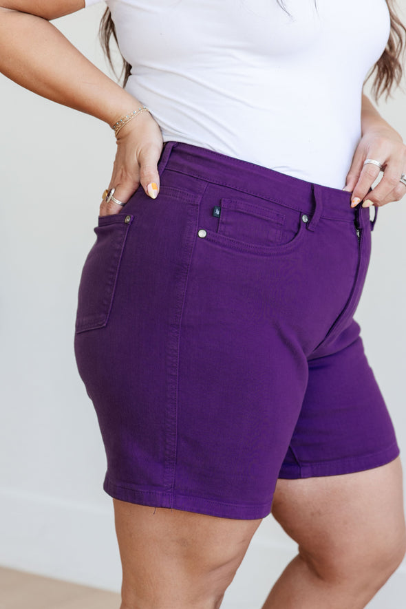 Jenna High Rise Control Top Cuffed Shorts in Purple By Judy Blue