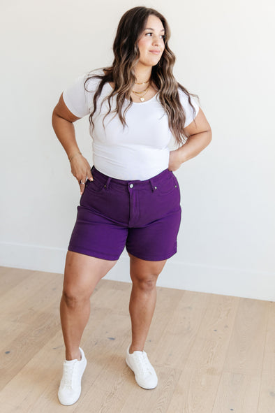 Jenna High Rise Control Top Cuffed Shorts in Purple By Judy Blue