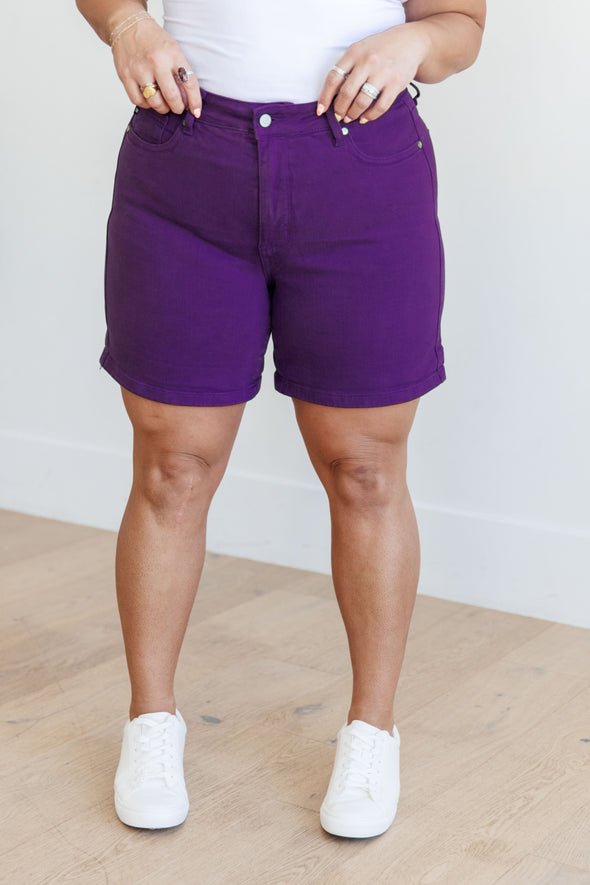 Jenna High Rise Control Top Cuffed Shorts in Purple By Judy Blue