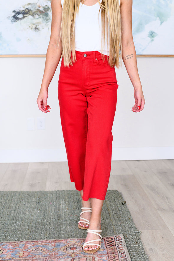 Lisa High Rise Control Top Wide Leg Crop Jeans in Red By Judy Blue