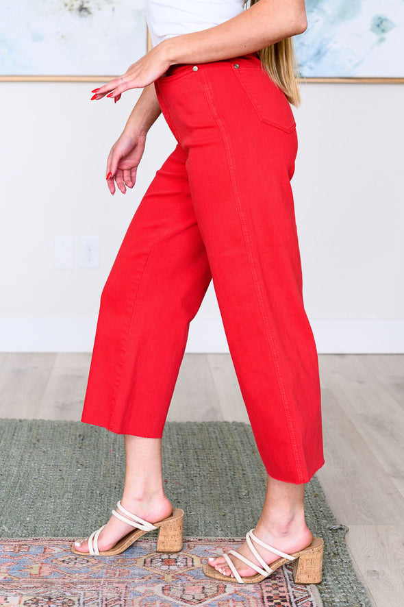 Lisa High Rise Control Top Wide Leg Crop Jeans in Red By Judy Blue