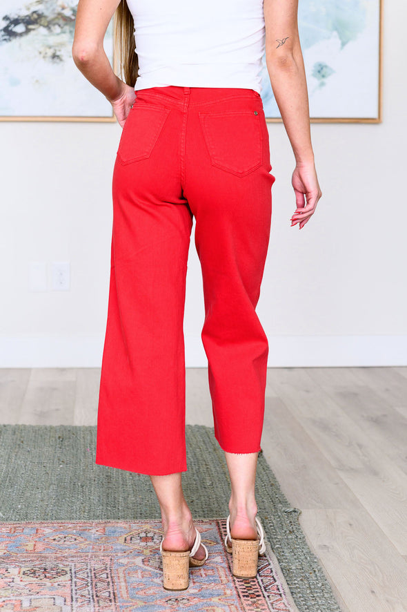 Lisa High Rise Control Top Wide Leg Crop Jeans in Red By Judy Blue