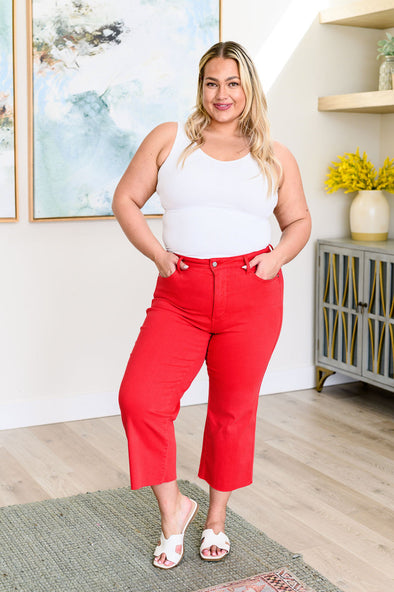 Lisa High Rise Control Top Wide Leg Crop Jeans in Red By Judy Blue