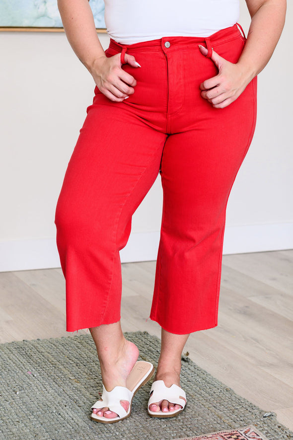 Lisa High Rise Control Top Wide Leg Crop Jeans in Red By Judy Blue