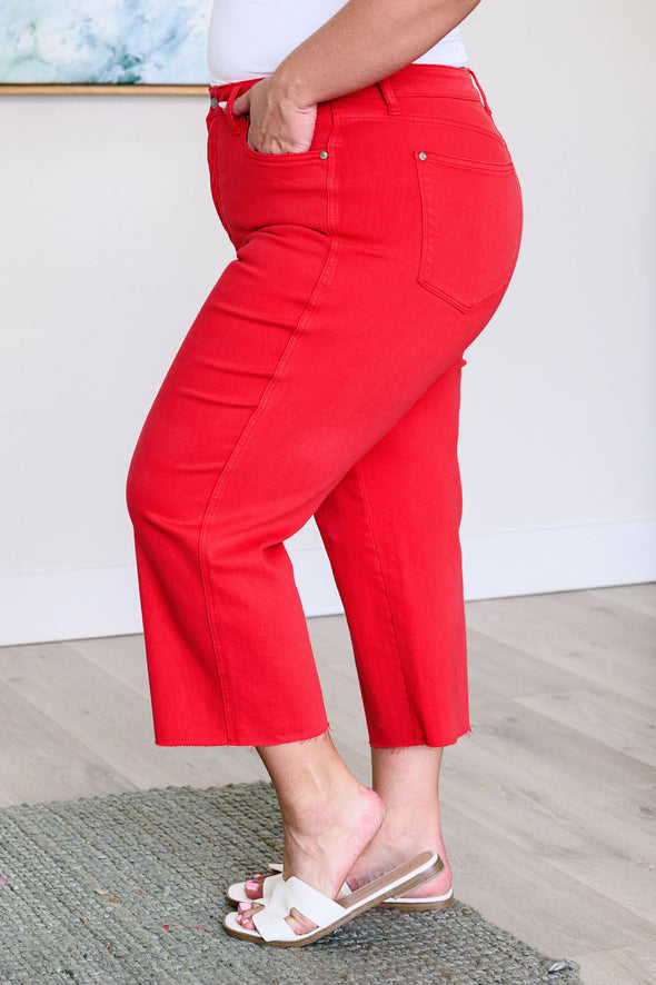 Lisa High Rise Control Top Wide Leg Crop Jeans in Red By Judy Blue