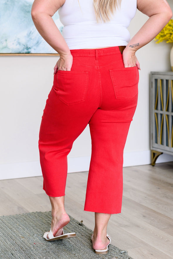 Lisa High Rise Control Top Wide Leg Crop Jeans in Red By Judy Blue