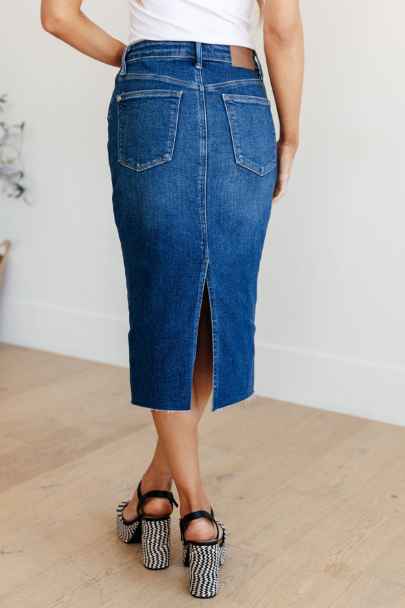 Marcy High Rise Denim Midi Skirt By Judy Blue