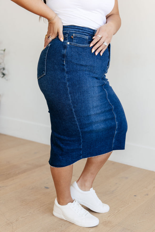 Marcy High Rise Denim Midi Skirt By Judy Blue