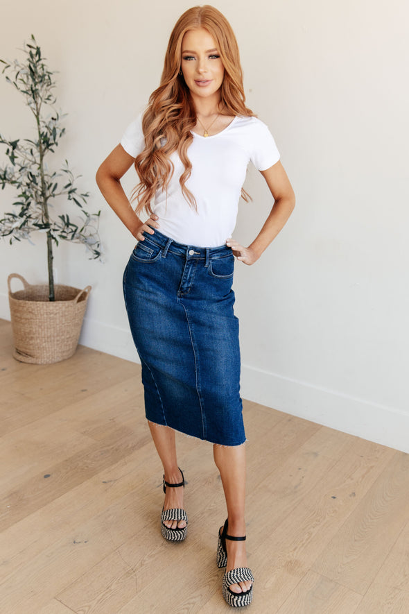 Marcy High Rise Denim Midi Skirt By Judy Blue