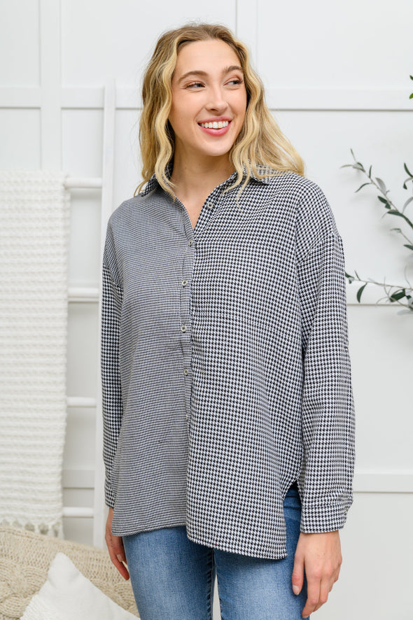 Mixed Houndstooth Button Up Top