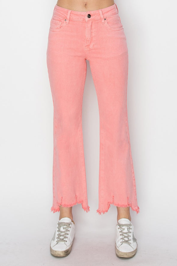 Flamingo Pink Raw Hem Bootcut Jeans with Pockets By Risen