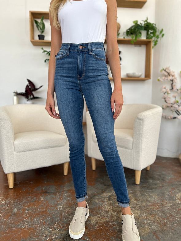 Cuffed Hem Mid Waist Skinny Jeans By Judy Blue