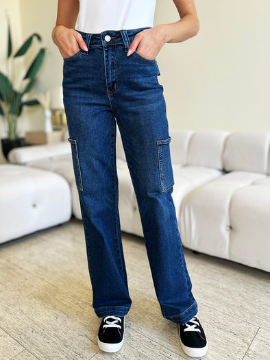 Dark Wash High Waist Straight Cargo Jeans By Judy Blue