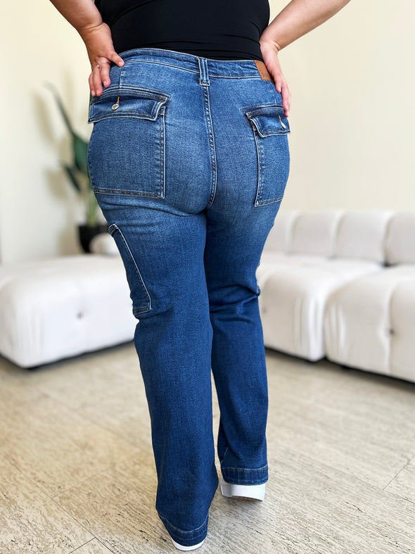 Dark Wash High Waist Straight Cargo Jeans By Judy Blue