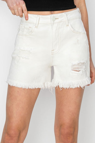 High Waist Distressed White Denim Shorts By Risen