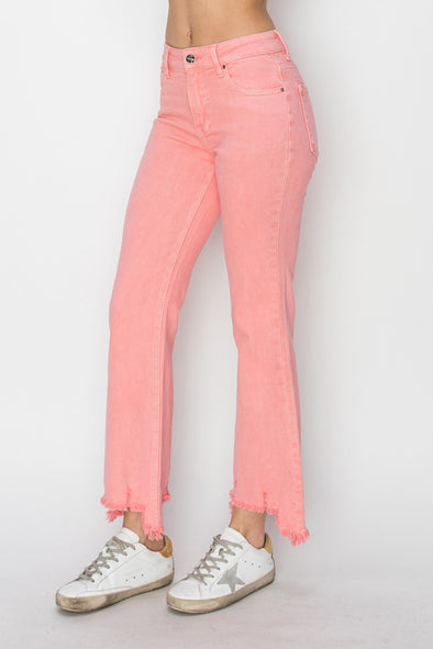 Flamingo Pink Raw Hem Bootcut Jeans with Pockets By Risen