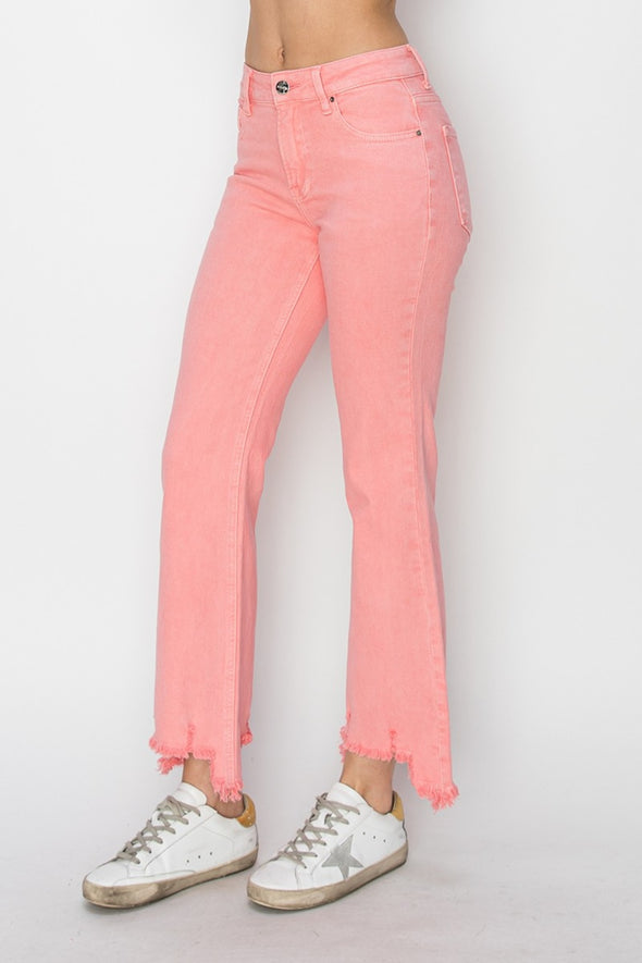 Flamingo Pink Raw Hem Bootcut Jeans with Pockets By Risen