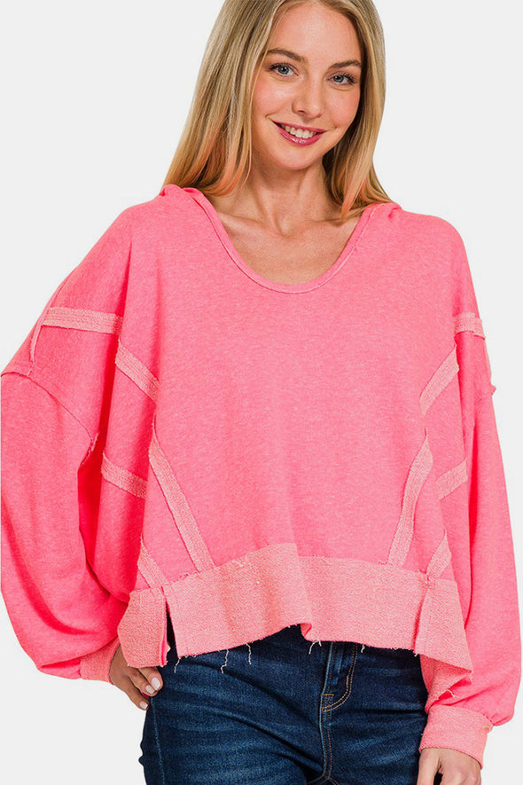 Contrast Trim Slit Hoodie In Pink