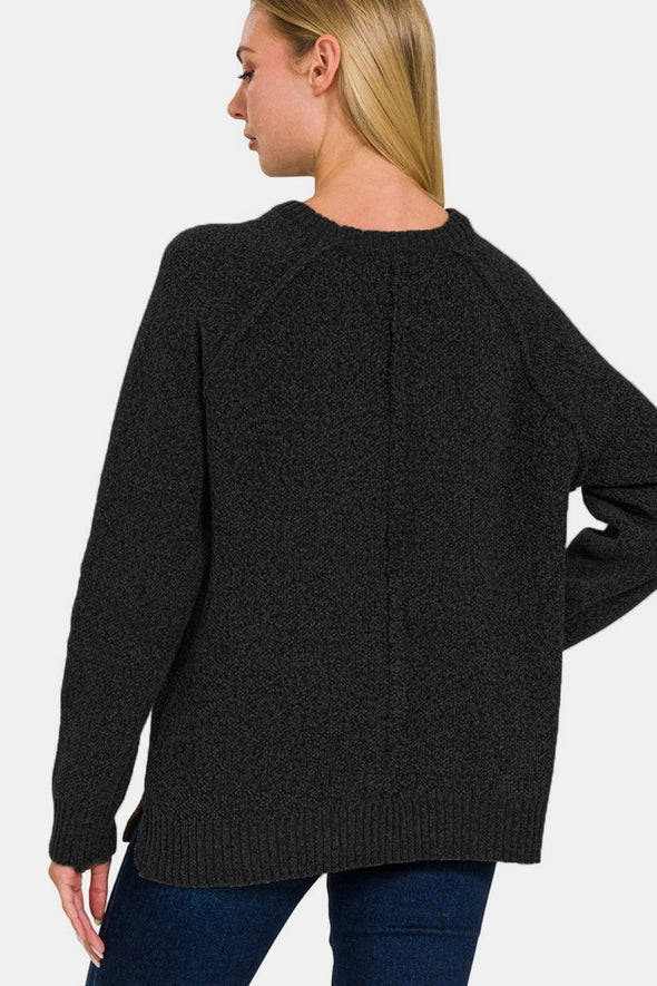 Side Slit Raglan Sleeve Sweater In Black