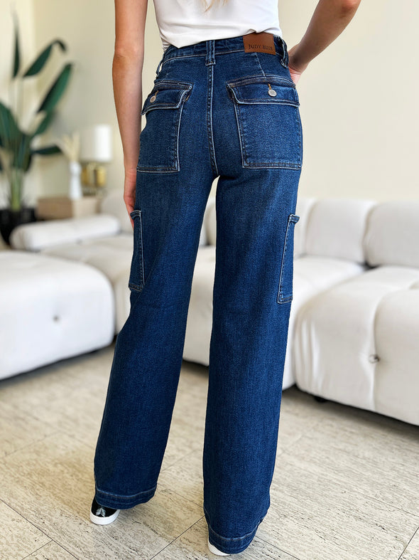 Dark Wash High Waist Straight Cargo Jeans By Judy Blue