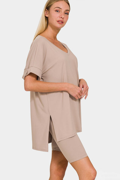 V-Neck Short Sleeve Slit T-Shirt and Shorts Set In Ash Mocha