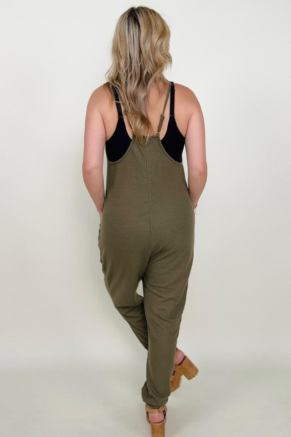 Waffle Knit V-Neck Tank Jumpsuit With Pockets