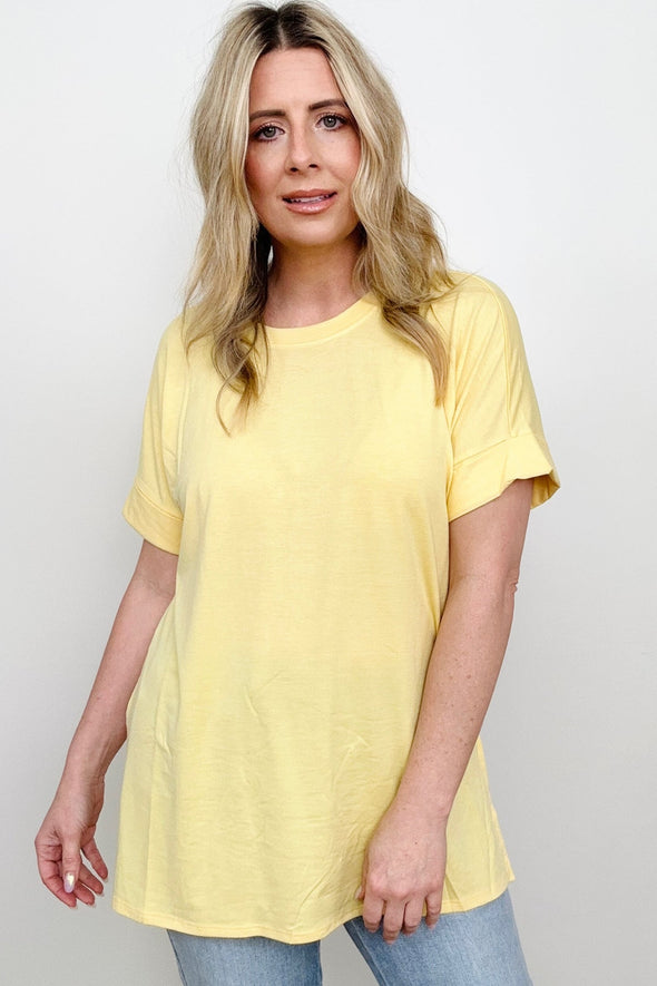 Cuffed Sleeve Side Slit High-Low Hem T-Shirt