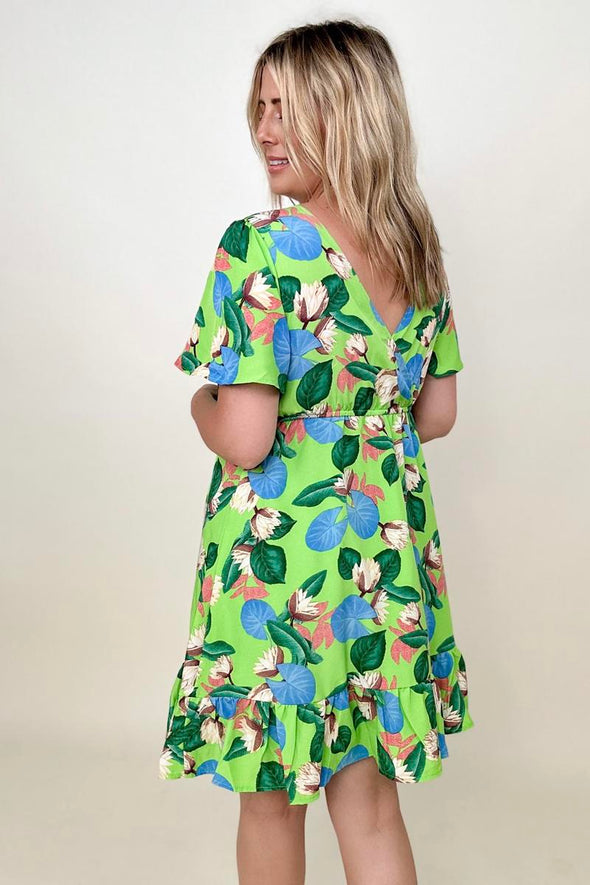 Gigio Tropical Print Flutter Sleeve Mini Dress