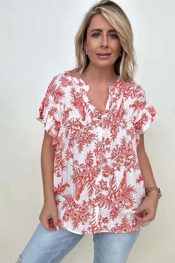 Floral Print Button Down Ruffle Sleeve Top- 2 colors