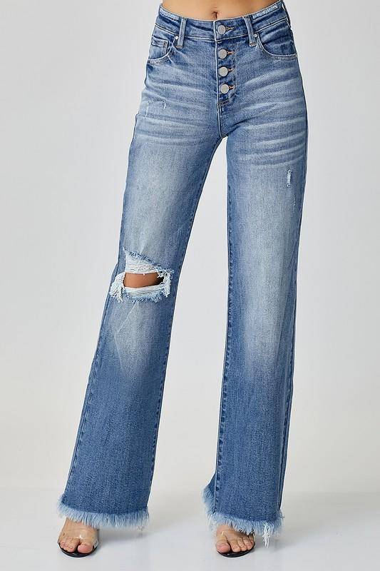 Risen Mid-Rise Button Down Wide Leg Jeans