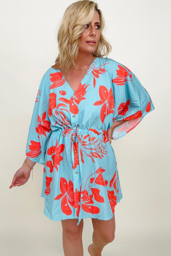 Floral Button Drawstring Batwing Sleeve Mini Dress